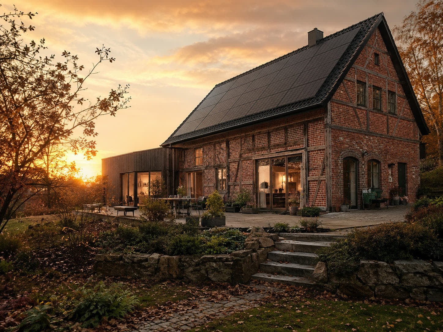 Historisches Fachwerk- und Backsteinhaus mit dachparalleler Photovoltaikanlage in der Abendsonne