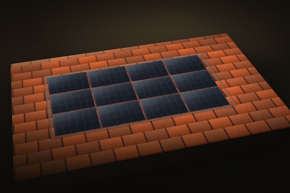 Prinzipdarstellung: bündig in die Dachfläche eingelassene Indach-Photovoltaikanlage mit umlaufender Einfassung