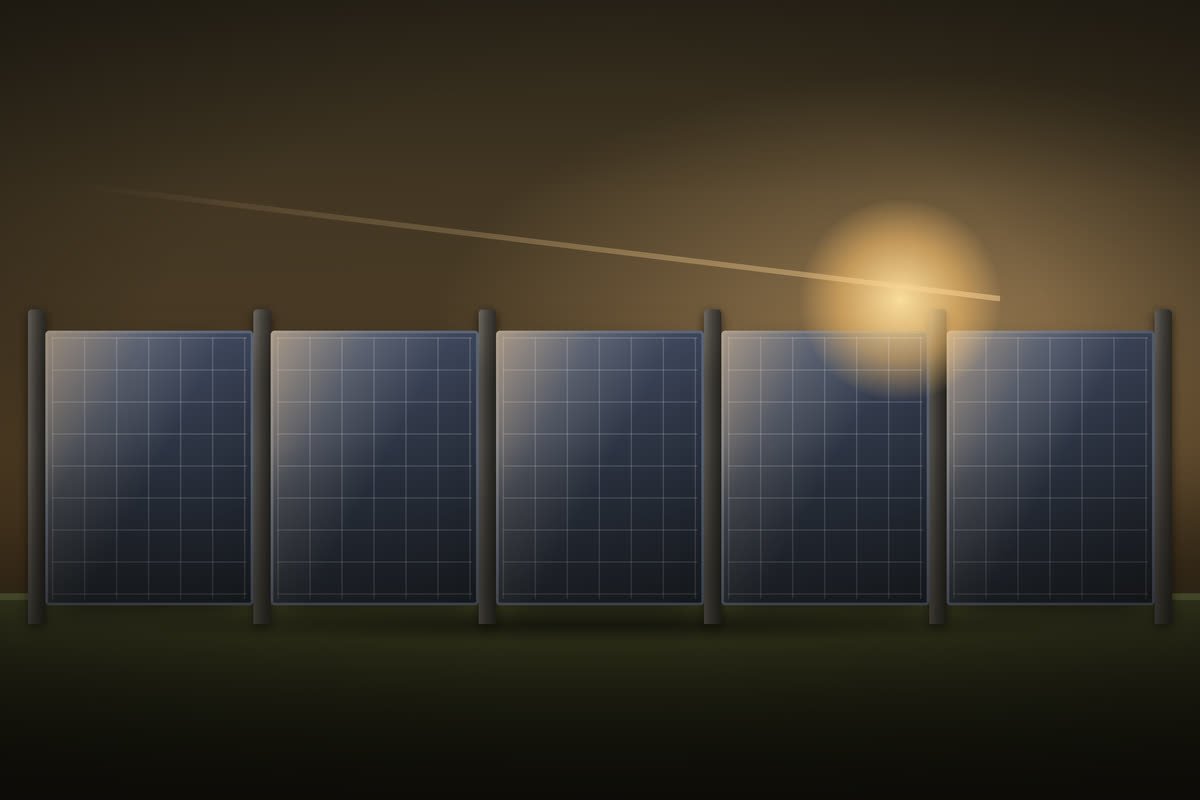 Prinzipdarstellung: Solarzaun aus senkrecht montierten Modulen zwischen Pfosten bei tiefstehender Sonne