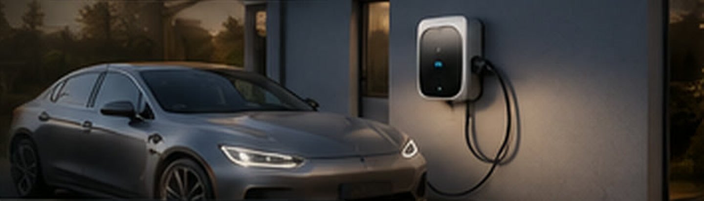 E-Auto lädt an einer eleganten Wallbox am Haus